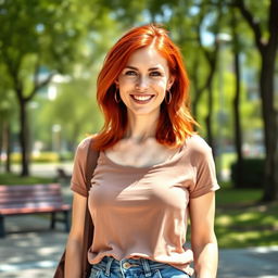 A 35-year-old woman with striking red hair and a European appearance, dressed in casual, stylish clothing