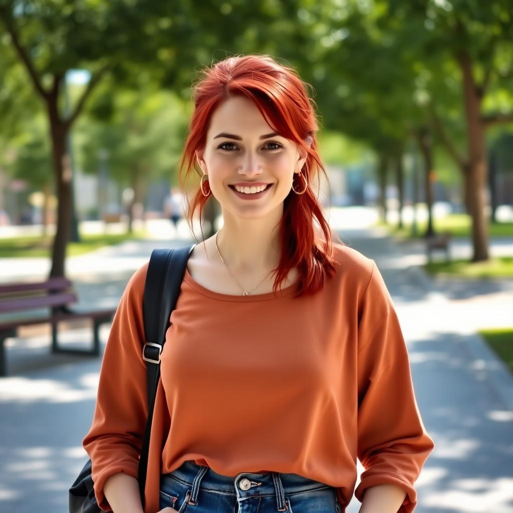 A 35-year-old woman with striking red hair and a European appearance, dressed in casual, stylish clothing