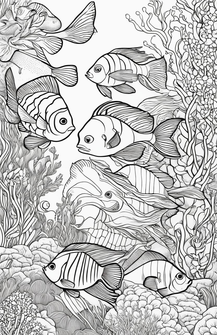 Colouring book page featuring a variety of fish including an angelfish, clownfish, swordfish and pufferfish with a coral and seaweed backdrop