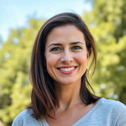 A 35-year-old woman with brown hair and European features, dressed casually