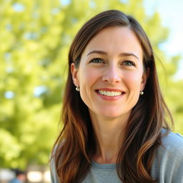 A 35-year-old woman with brown hair and European features, dressed casually