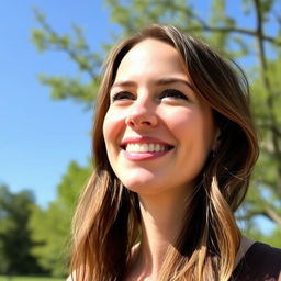 A 35-year-old woman with brown hair and European features, dressed casually