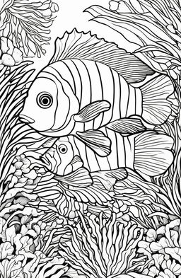 Colouring book page featuring a variety of fish including an angelfish, clownfish, swordfish and pufferfish with a coral and seaweed backdrop