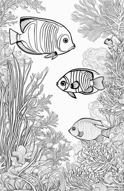 Colouring book page featuring a variety of fish including an angelfish, clownfish, swordfish and pufferfish with a coral and seaweed backdrop