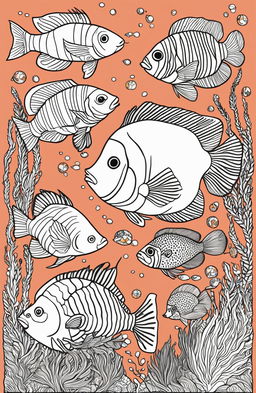 Wes Anderson inspired colouring book page featuring a variety of fish including an angelfish, clownfish, swordfish and pufferfish with a symmetrical coral and seaweed backdrop