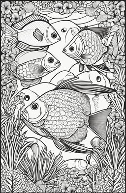 Wes Anderson inspired colouring book page featuring a variety of fish including an angelfish, clownfish, swordfish and pufferfish with a symmetrical coral and seaweed backdrop