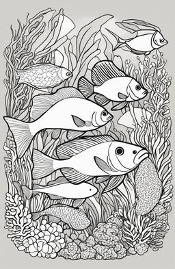 Wes Anderson inspired colouring book page featuring a variety of fish including an angelfish, clownfish, swordfish and pufferfish with a symmetrical coral and seaweed backdrop