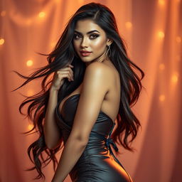 A beautiful and alluring woman with long flowing hair, wearing a stunning and elegant outfit that accentuates her curves