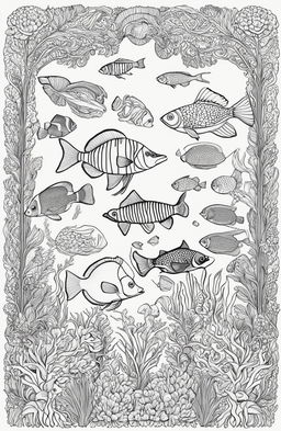 Wes Anderson inspired colouring book page featuring a variety of fish including an angelfish, clownfish, swordfish and pufferfish with a symmetrical coral and seaweed backdrop