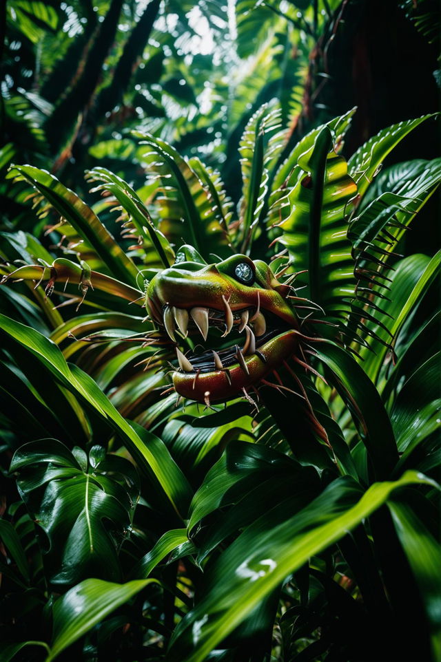 A Venus flytrap in a dense jungle, glistening with morning dew in a cinematic nature photograph.