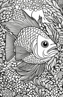 Colouring book page featuring a single, giant fish with intricate scales and a symmetrical coral and seaweed backdrop.