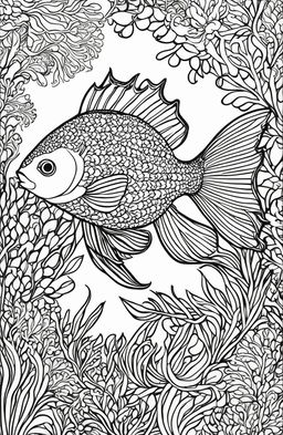 Colouring book page featuring a single, giant fish with intricate scales and a symmetrical coral and seaweed backdrop.