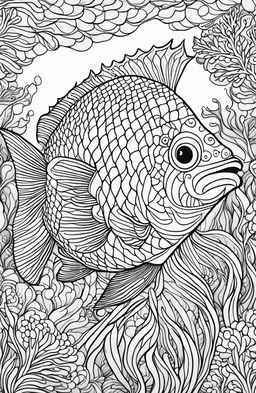 Colouring book page featuring a single, giant fish with intricate scales and a symmetrical coral and seaweed backdrop.