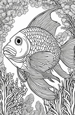 Colouring book page featuring a single, giant fish with intricate scales and a symmetrical coral and seaweed backdrop.