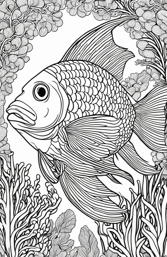 Colouring book page featuring a single, giant fish with intricate scales and a symmetrical coral and seaweed backdrop.