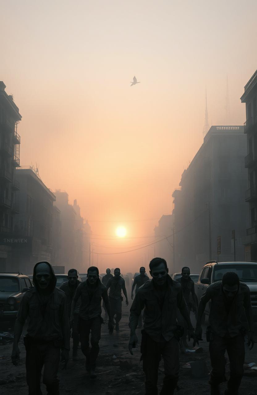 A desolate cityscape at dawn, shrouded in eerie fog with the sun just peeking over the horizon, casting a dim light on crumbling buildings and abandoned vehicles