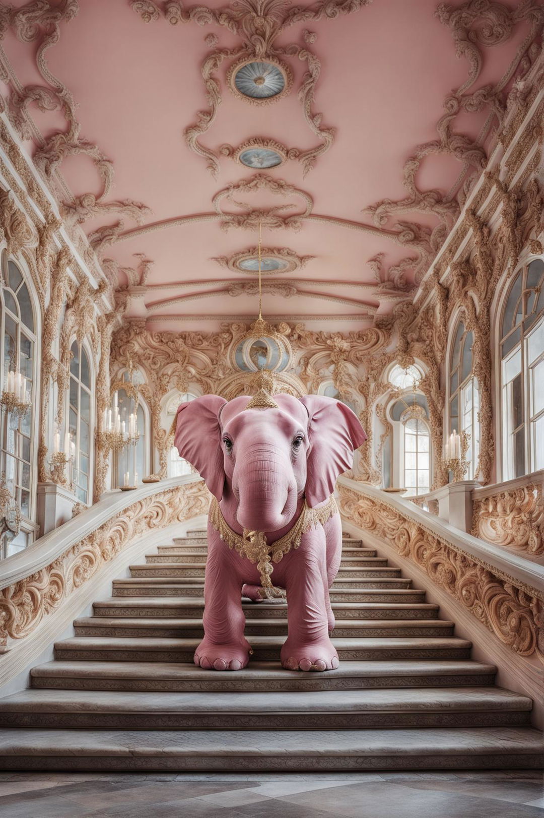 A bubblegum pink elephant adorned with gold filigree stands in a grand rococo style entry hall with gold stucco work, large arched windows, a grand staircase and a ceiling fresco