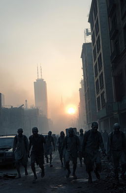 A desolate cityscape at dawn, shrouded in eerie fog with the sun just peeking over the horizon, casting a dim light on crumbling buildings and abandoned vehicles