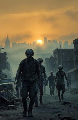 A desolate cityscape at dawn, shrouded in eerie fog with the sun just peeking over the horizon, casting a dim light on crumbling buildings and abandoned vehicles