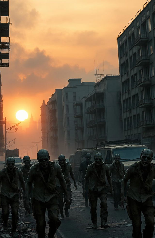 A desolate cityscape at dawn, shrouded in eerie fog with the sun just peeking over the horizon, casting a dim light on crumbling buildings and abandoned vehicles