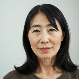 A 45-year-old woman with pale skin and jet black hair, showcasing her natural beauty with an ordinary and unpretentious facial appearance without any makeup
