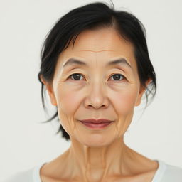 A 45-year-old woman with pale skin and jet black hair, showcasing her natural beauty with an ordinary and unpretentious facial appearance without any makeup