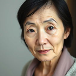 A 45-year-old woman with pale skin and jet black hair, showcasing her natural beauty with an ordinary and unpretentious facial appearance without any makeup