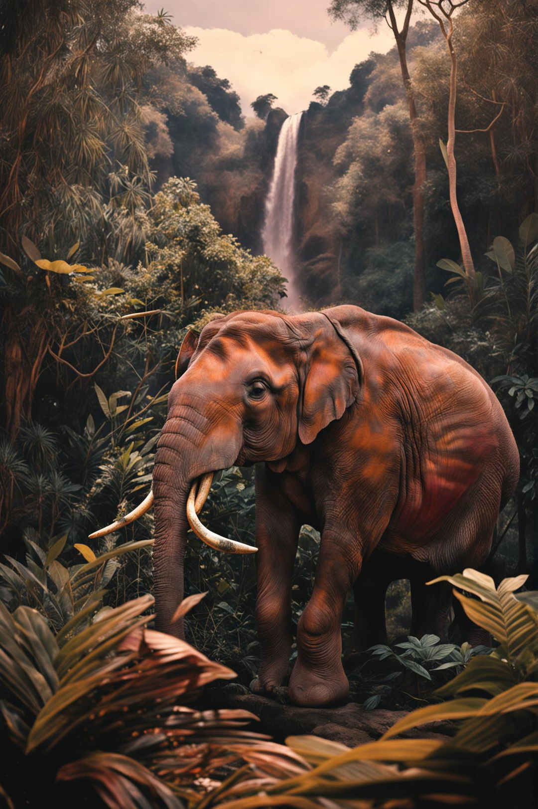 A real pink elephant stands majestically in a lush jungle, surrounded by towering trees and a distant waterfall.