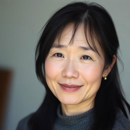 A 40-year-old woman with pale skin and black hair, showcasing her natural beauty with an ordinary and relatable facial appearance without any makeup