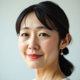 A 40-year-old woman with pale skin and black hair, showcasing her natural beauty with an ordinary and relatable facial appearance without any makeup