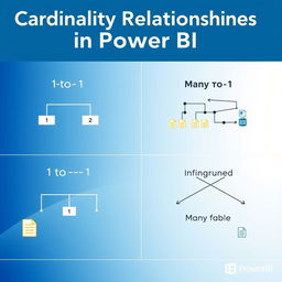 An informative infographic displaying cardinality relationships in Power BI: 1-to-1, 1-to-many, many-to-1, and many-to-many