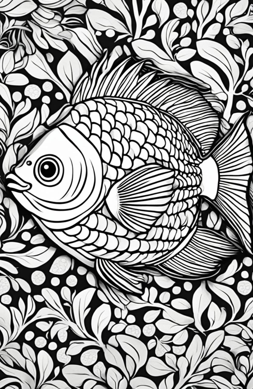 Adult colouring book page featuring a single, giant fish with intricate scales and a symmetrical coral and seaweed backdrop.