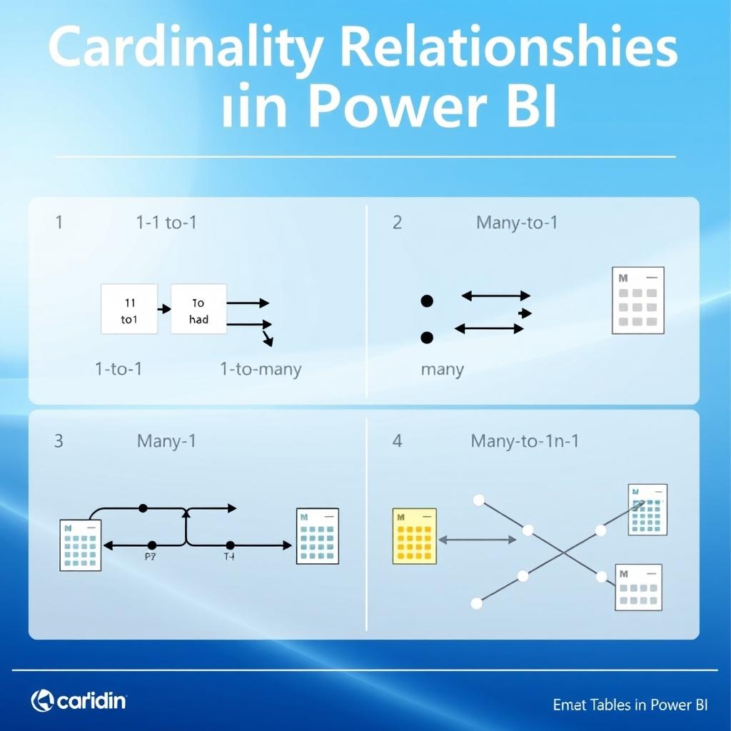 An informative infographic displaying cardinality relationships in Power BI: 1-to-1, 1-to-many, many-to-1, and many-to-many