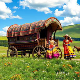 A beautifully detailed traveling gypsy wagon adorned with intricate patterns and vibrant colors, parked on a scenic landscape