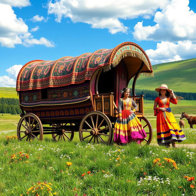 A beautifully detailed traveling gypsy wagon adorned with intricate patterns and vibrant colors, parked on a scenic landscape