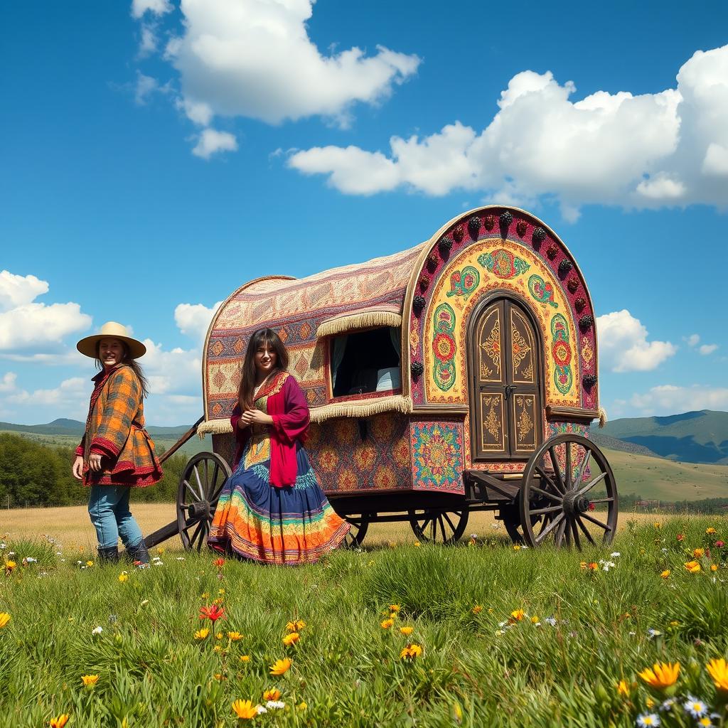 A beautifully detailed traveling gypsy wagon adorned with intricate patterns and vibrant colors, parked on a scenic landscape