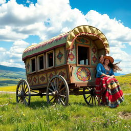 A beautifully detailed traveling gypsy wagon adorned with intricate patterns and vibrant colors, parked on a scenic landscape