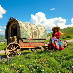 A beautifully detailed traveling gypsy wagon adorned with intricate patterns and vibrant colors, parked on a scenic landscape