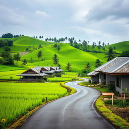 A scenic view of a winding small road meandering through lush green paddy fields, lined with traditional Malay houses featuring distinctive zinc roofs