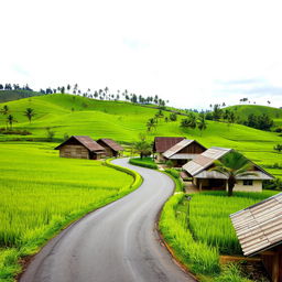 A scenic view of a winding small road meandering through lush green paddy fields, lined with traditional Malay houses featuring distinctive zinc roofs