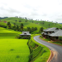 A scenic view of a winding small road meandering through lush green paddy fields, lined with traditional Malay houses featuring distinctive zinc roofs