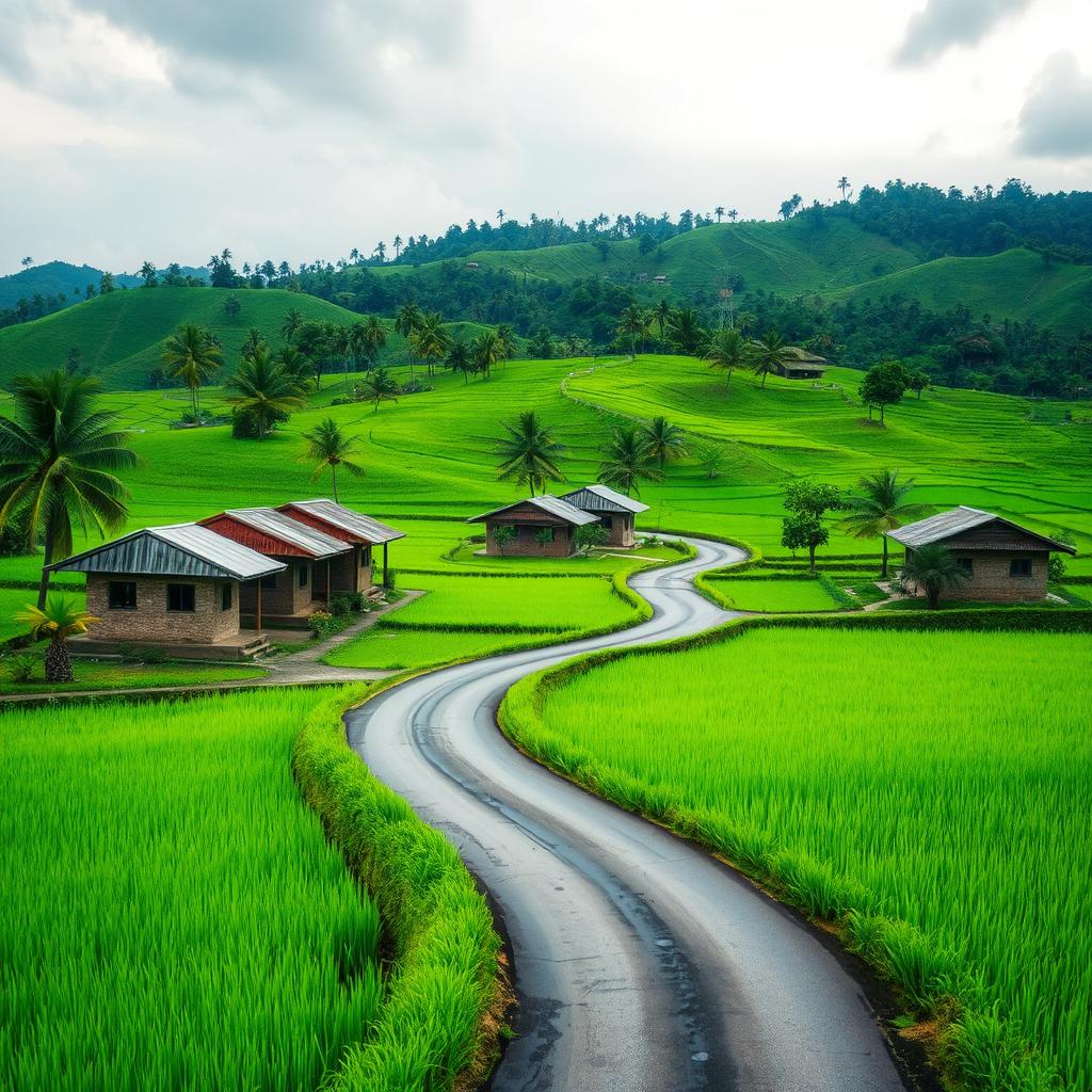 A scenic view of a winding small road meandering through lush green paddy fields, lined with traditional Malay houses featuring distinctive zinc roofs