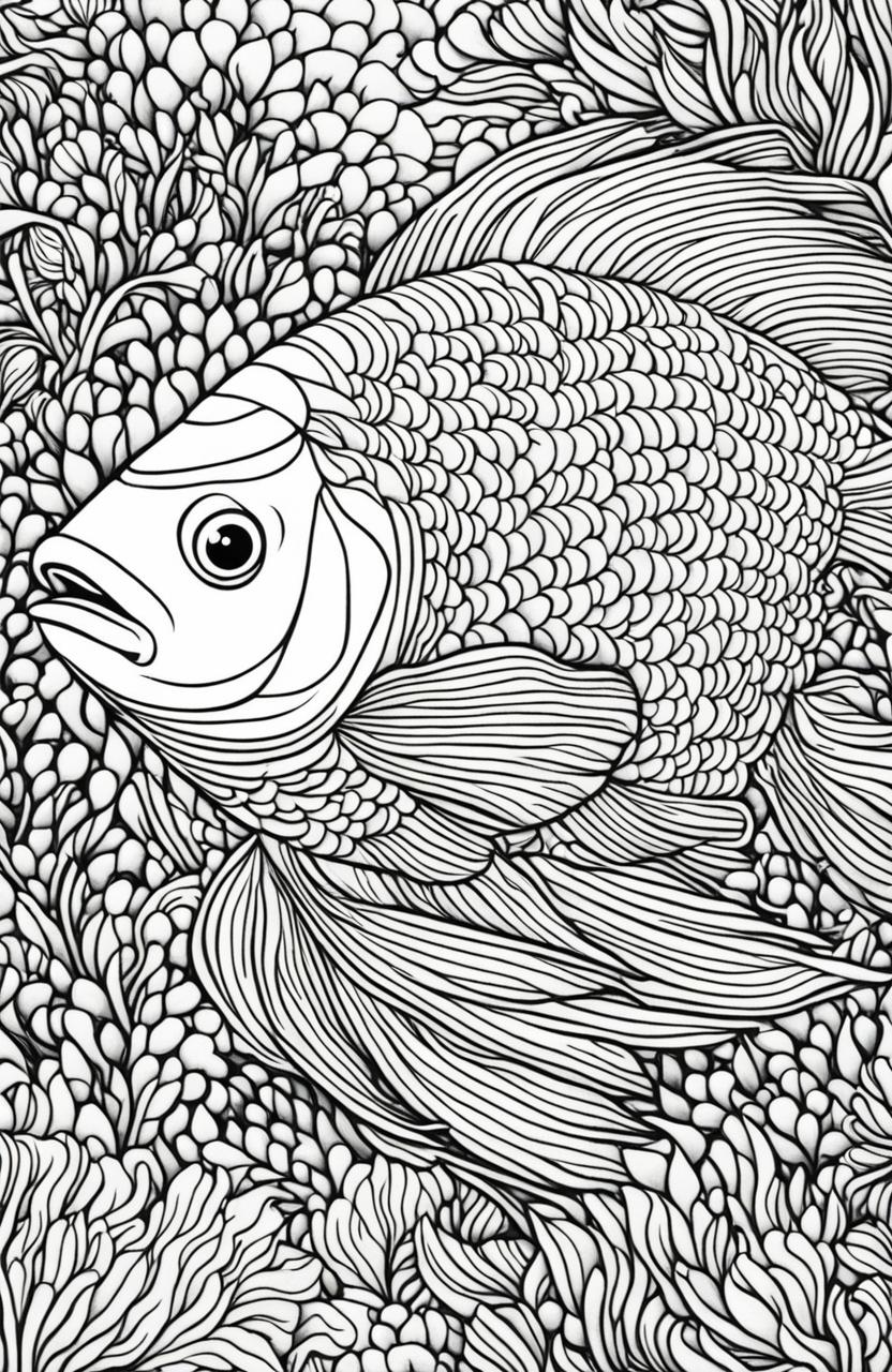 Adult colouring book page featuring a single, giant fish with intricate scales and a symmetrical coral and seaweed backdrop.