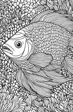 Adult colouring book page featuring a single, giant fish with intricate scales and a symmetrical coral and seaweed backdrop.