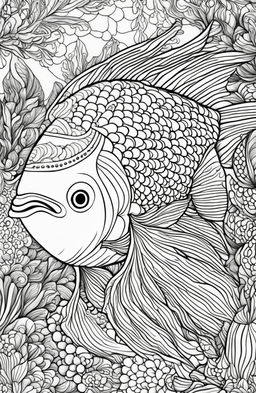 Adult colouring book page featuring a single, giant fish with intricate scales and a symmetrical coral and seaweed backdrop.