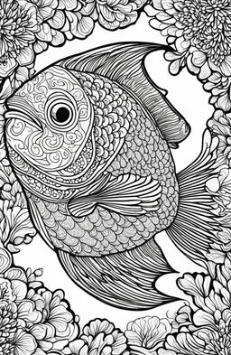 Adult colouring book page featuring a single, giant fish with intricate scales and a symmetrical coral and seaweed backdrop.