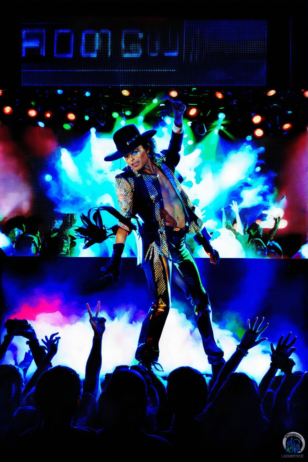 Digital art of Michael Jackson performing at a concert, surrounded by vibrant lights and an adoring crowd.