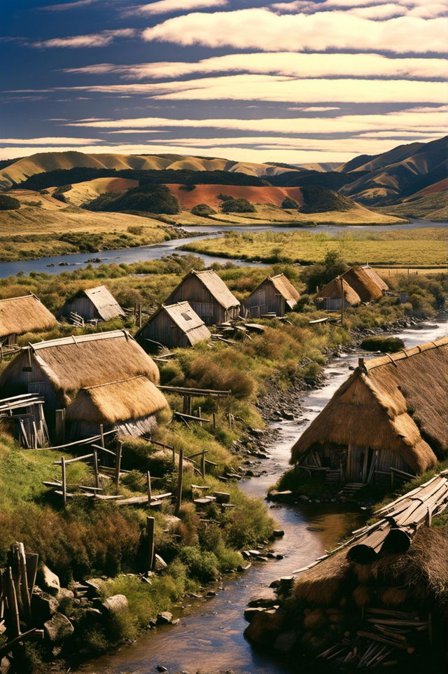 Colorful HD historic photograph of an early New Zealand settlement captured with a wide-angle lens.