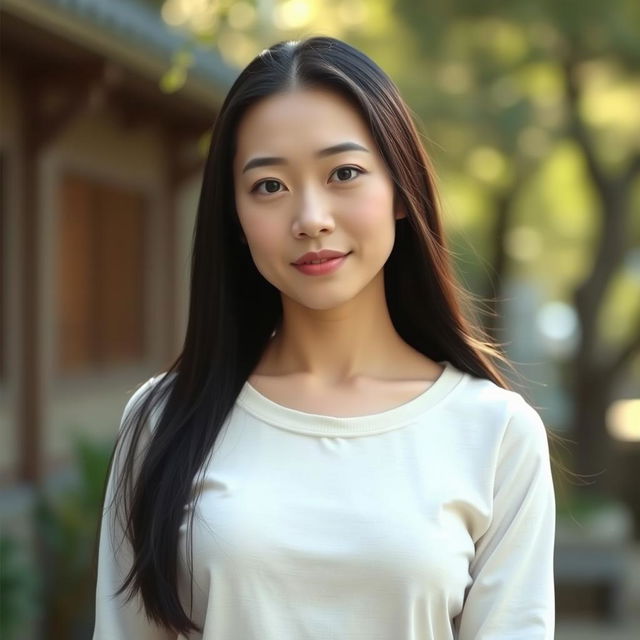 A full-body portrait of a 40-year-old woman with pale skin and long black hair, showcasing her natural beauty with an ordinary and unadorned facial appearance without any makeup