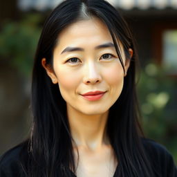 A full-body portrait of a 40-year-old woman with pale skin and long black hair, showcasing her natural beauty with an ordinary and unadorned facial appearance without any makeup